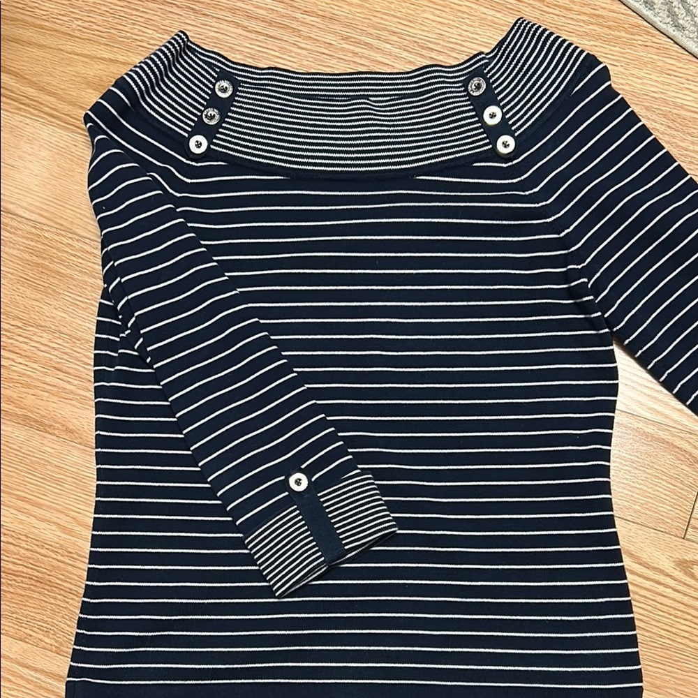 Jones New York Navy and White Striped Top